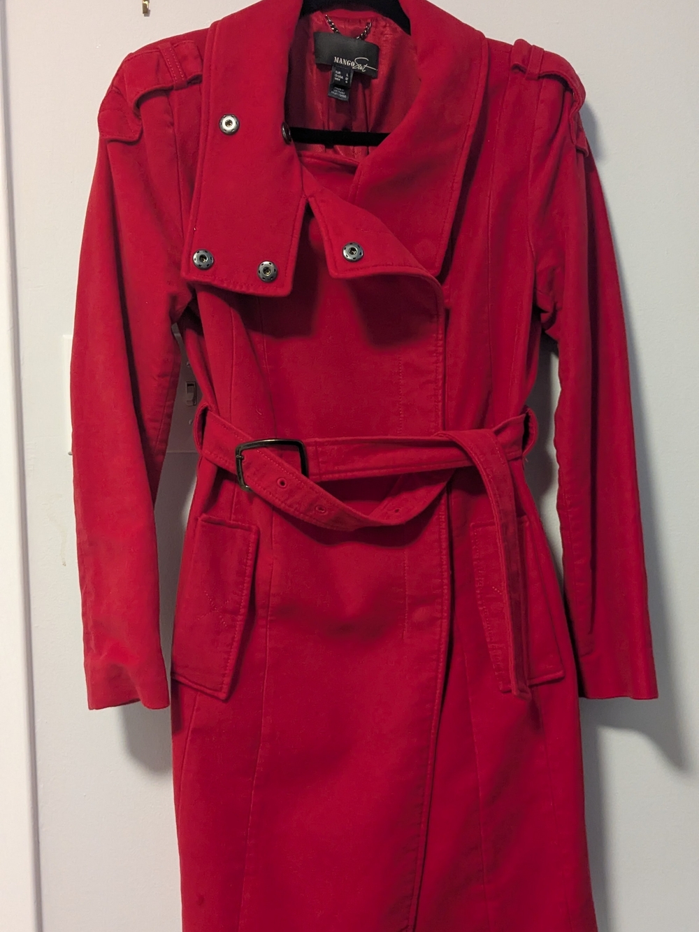 Mango Red Belted Trench Coat with Epaulets